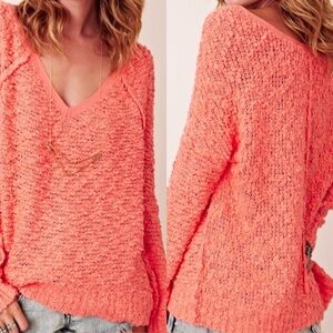 Free People Orange Chunky Knit Pullover‎ V-Neck Sweater Size XS Slouchy Bohemian